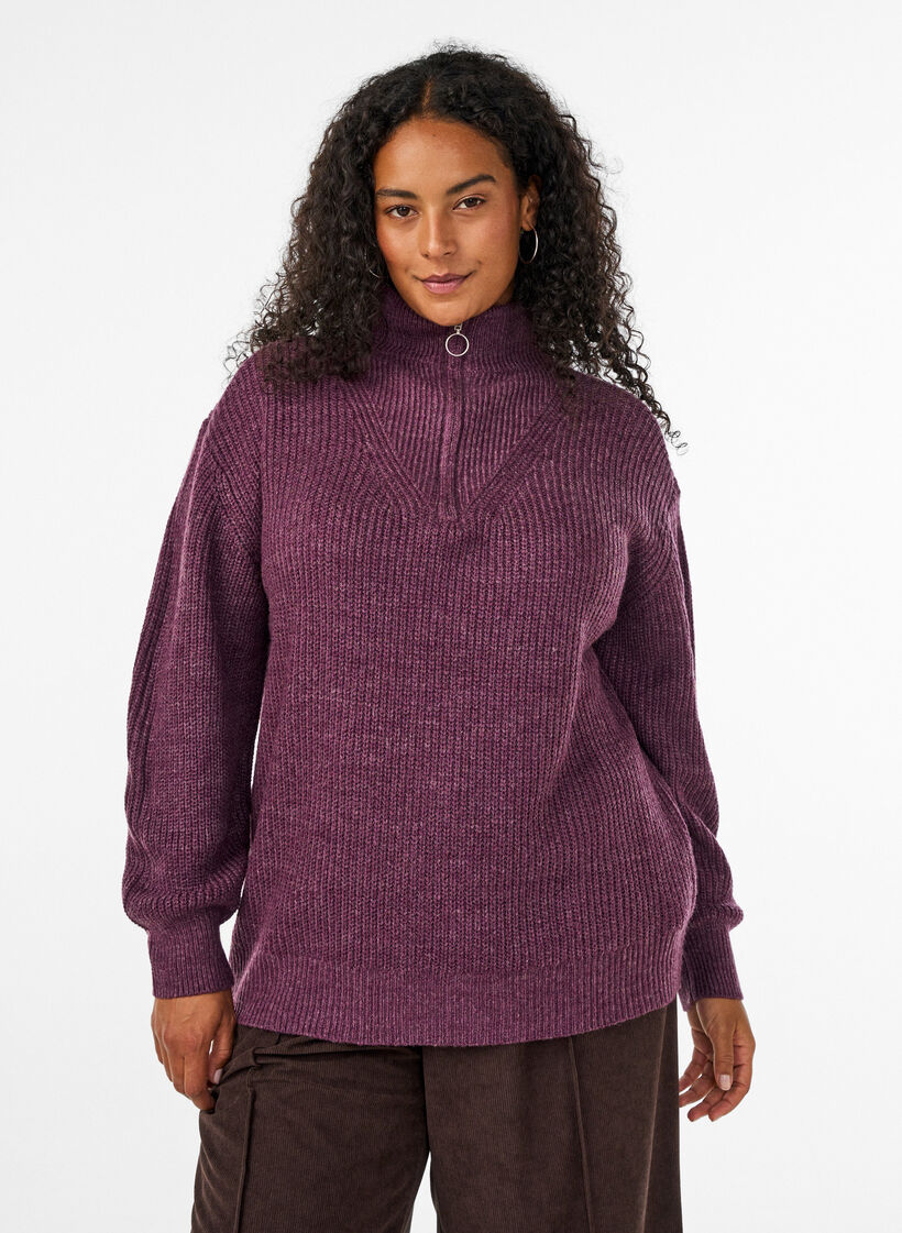 Strikket genser med h&oslash;y hals og glidel&aring;s, Lilla, Model image number 0