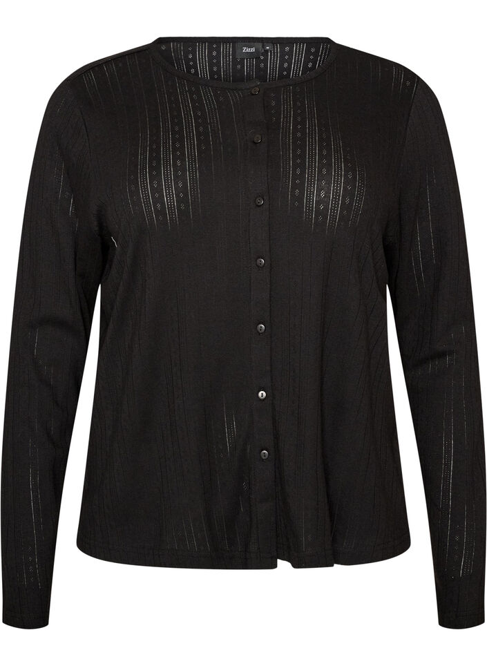 Cardigan i &oslash;kologisk bomull med hullbroderi, Svart, Packshot image number 0