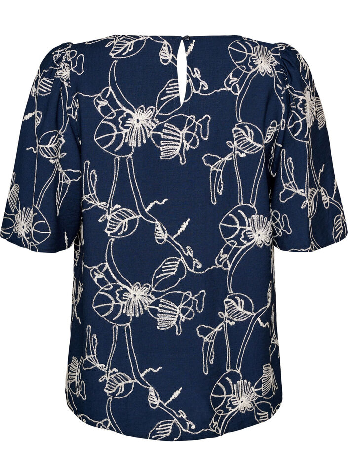 Kortermet bluse med brodert m&oslash;nster, Bl&aring;, Packshot image number 1