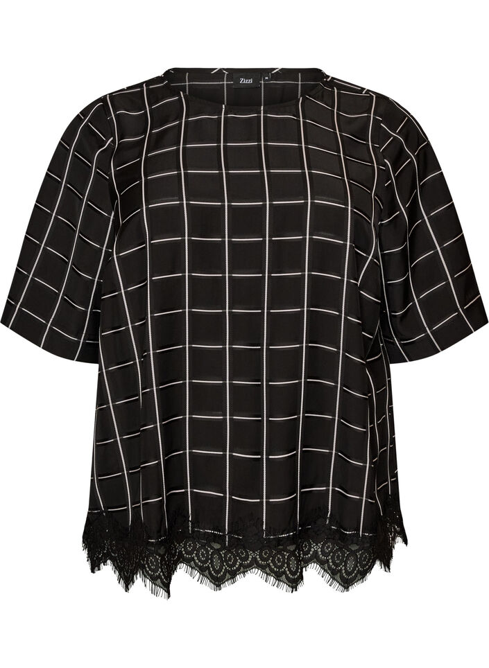 Rutet bluse med blondekant og albuelange ermer, Svart, Packshot image number 0