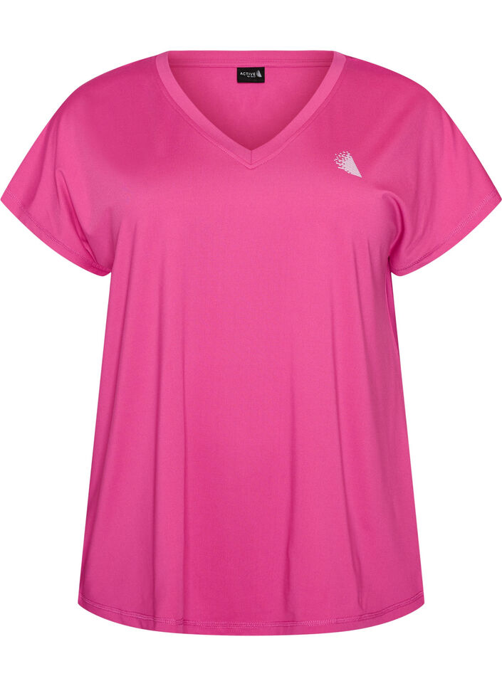 L&oslash;stsittende trenings-t-skjorte med v-hals, Rosa, Packshot image number 0