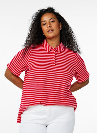 Zizzi Kortermet poloskjorte med striper, Rosa, Model image number 0