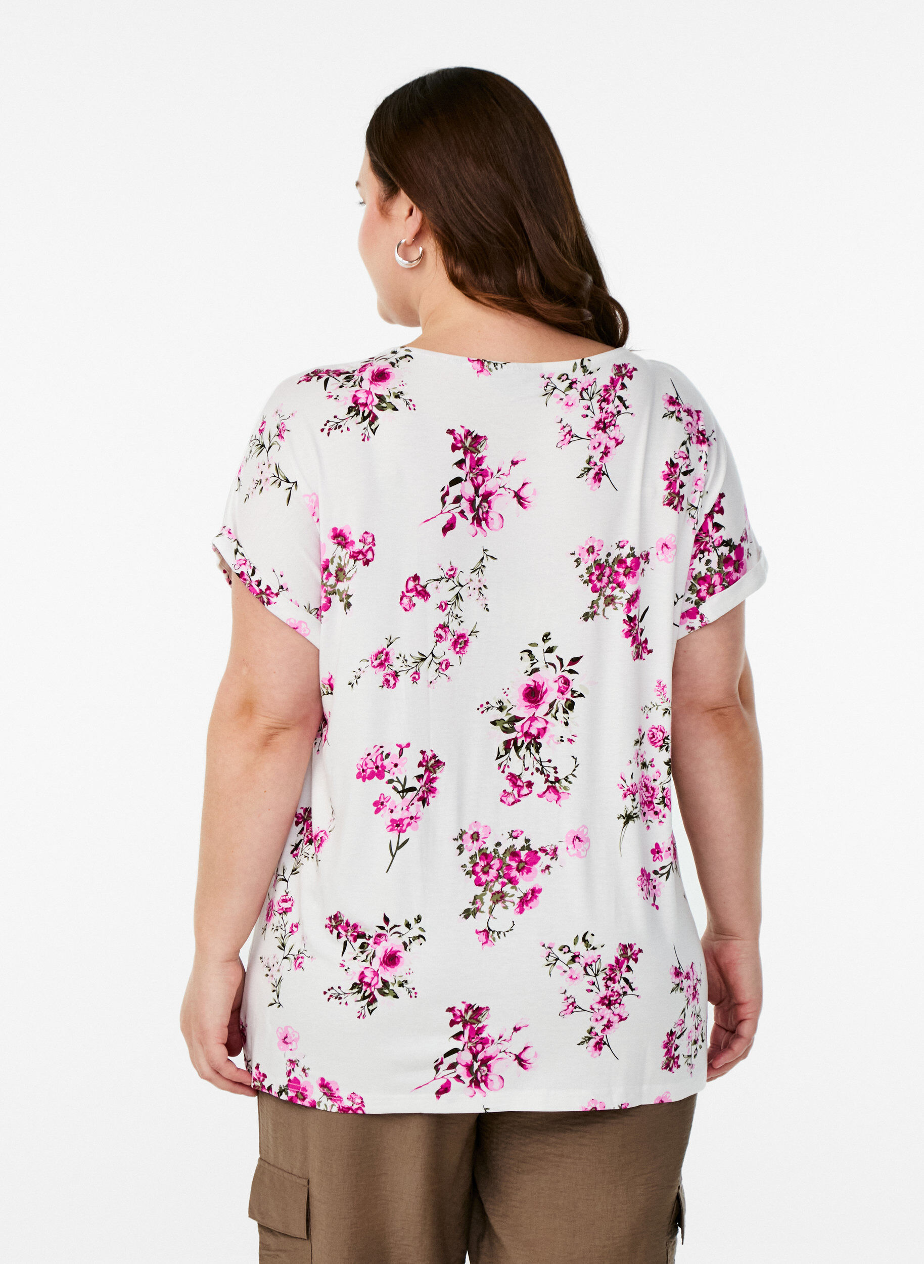 Zizzi T-skjorte med blomstertrykk, Rosa, Model image number 2