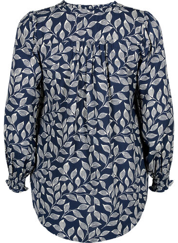 Bluse med vaffelsøm og v-utringning, Navy Leaf, Packshot image number 1