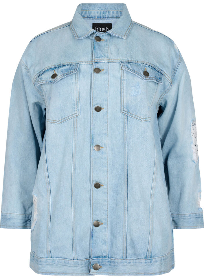 Løs denimjakke med slitte detaljer, Light blue denim, Packshot image number 0