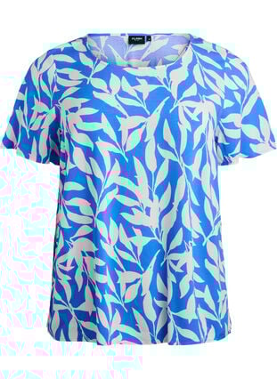 Zizzi FLASH - Kortermet bluse i viskose med trykk, Blå, Packshot image number 0