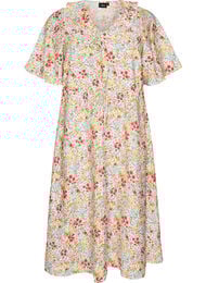 Midikjole i viskose med blomstertrykk og volangkrage, Rosa
