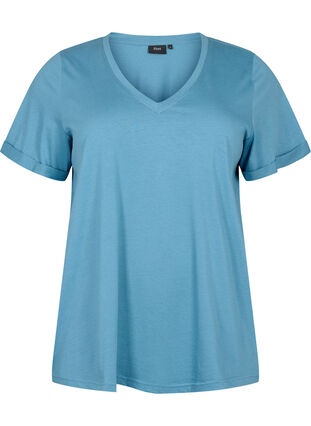 Bomulls T-skjorte med V-hals, Aegean Blue, Packshot image number 0
