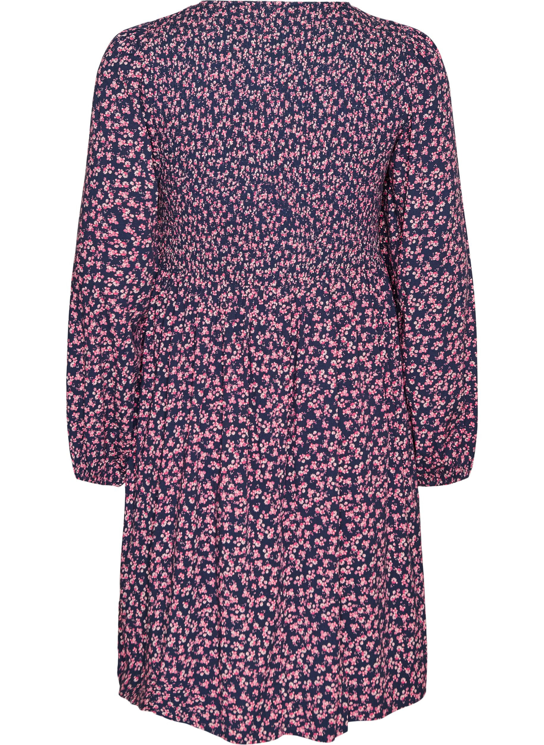 ZizziKjole med smocket topp og sm&aring;blomstret m&oslash;nster, Bl&aring;, Packshot image number 1