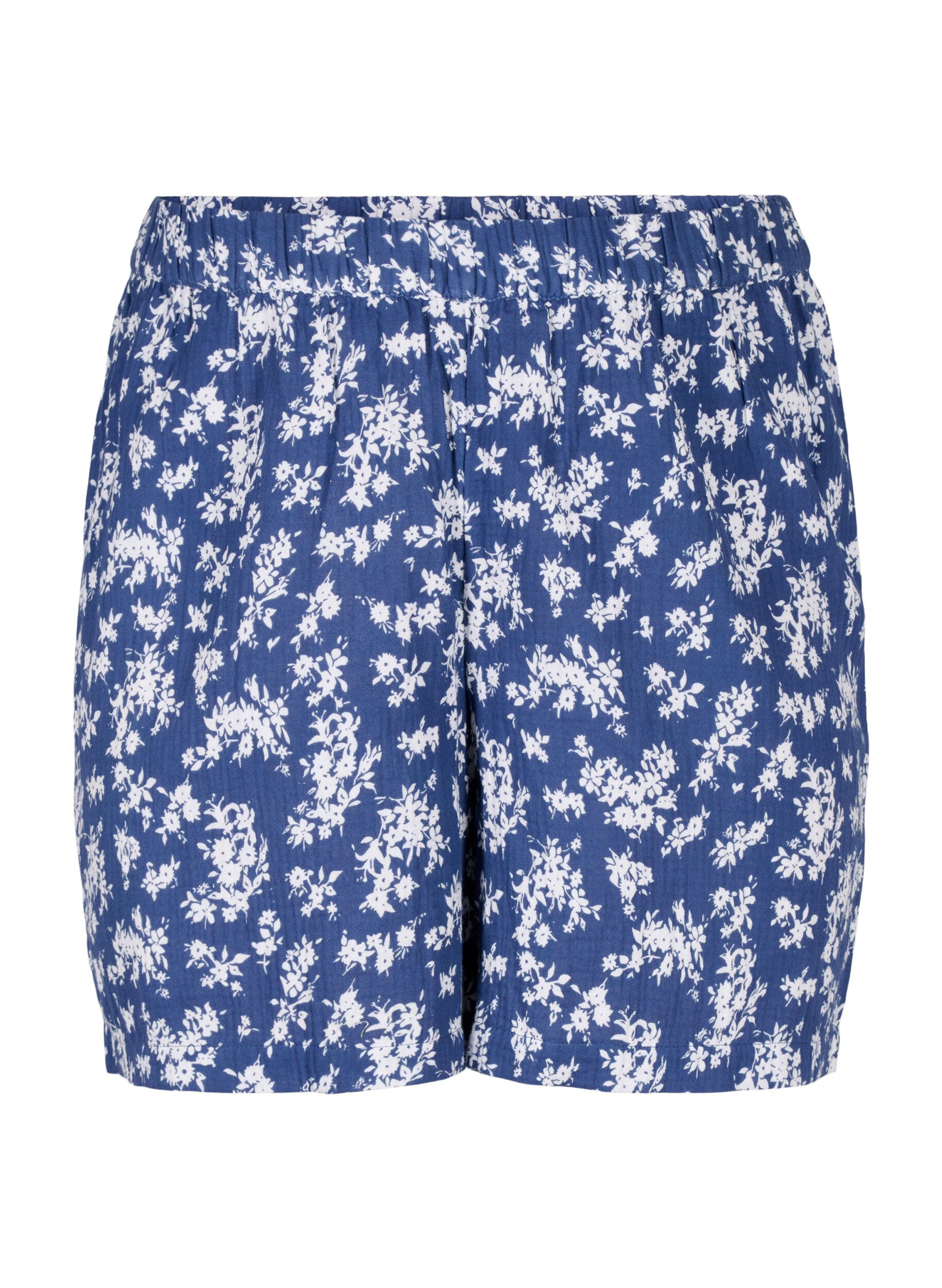 Zizzi Pysjamasshorts i bomull med blomster, V. Indigo Flower AOP, Packshot image number 0