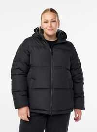 Kort pufferjakke med hette og toveis glidelås, Svart Kort pufferjakke med hette og toveis glidelås, Svart, Model