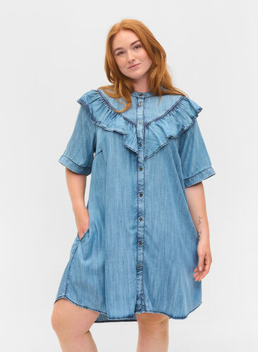 Kortermet denimkjole med volanger, Blue denim, Model image number 0