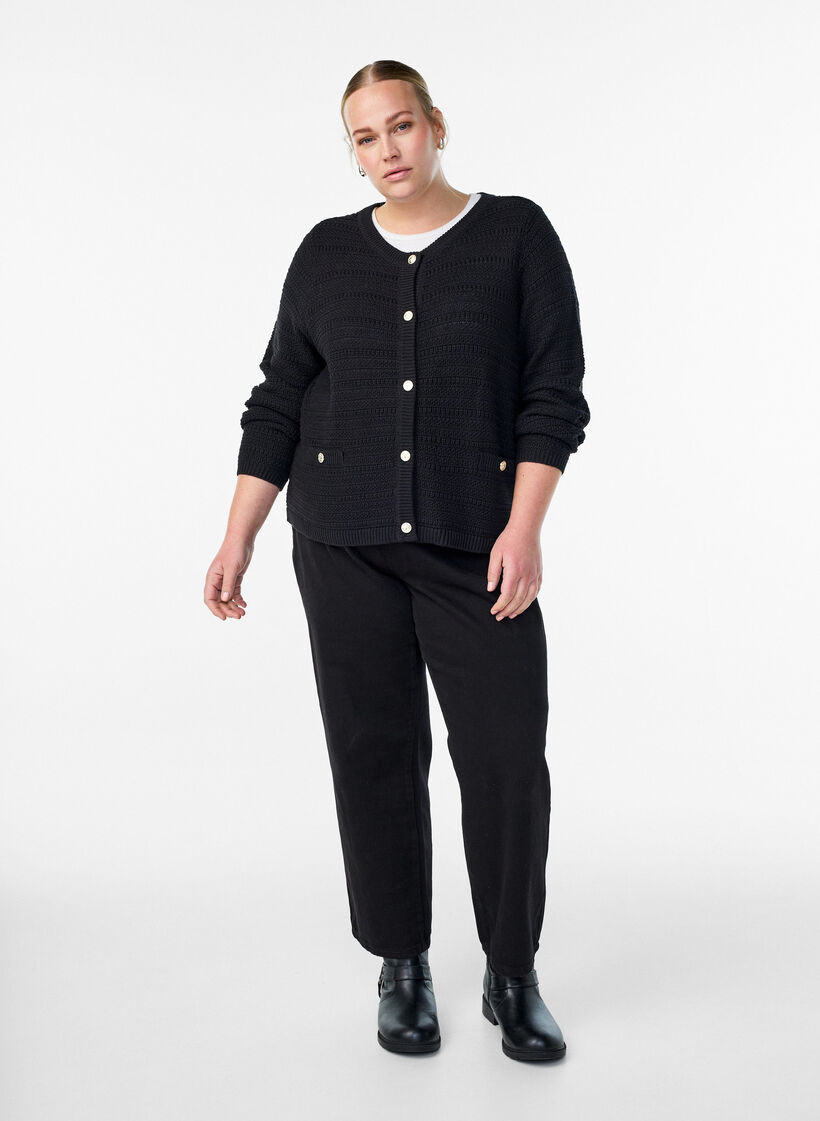 Cardigan med strukturstrikk og dekorative knapper, Svart, Model image number 1