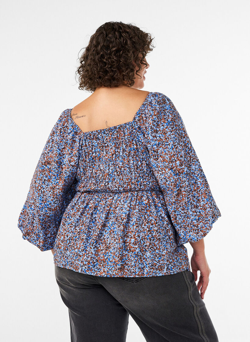 Bluse med smock og firkantet utringning, Bl&aring;, Model image number 2