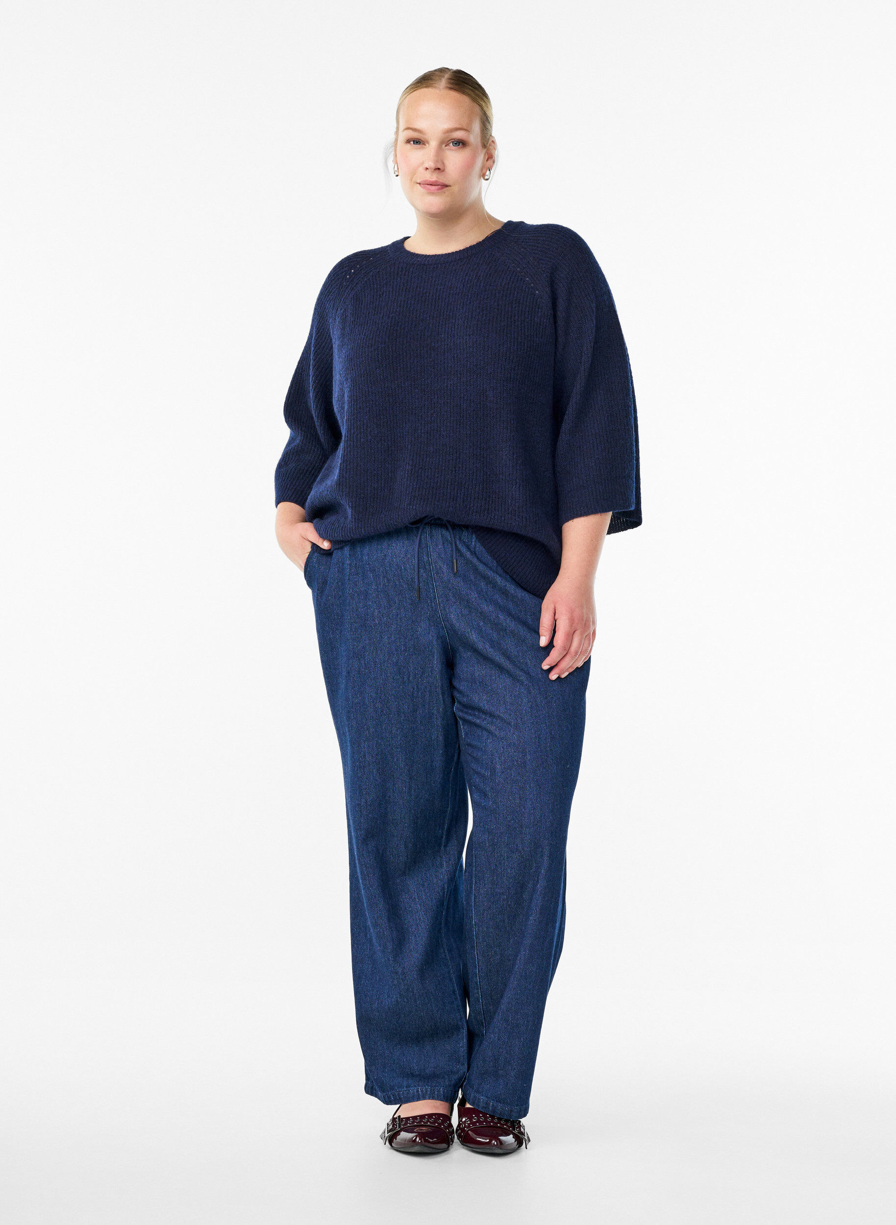 ZizziRibbestrikket genser med 3/4 ermer, Bl&aring;, Model image number 1
