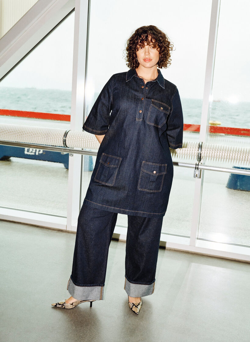 Denimkjole med store lommer og 3/4 ermer, Blå, Image image number 0