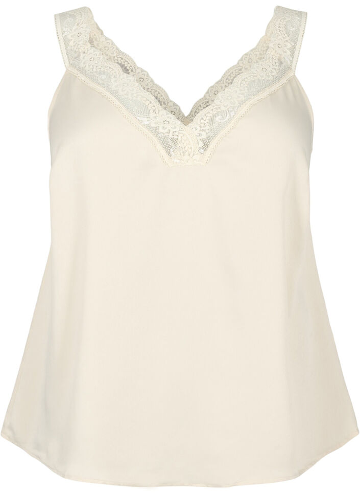 FLASH – Topp med V-hals og blondekant, Fog, Packshot image number 0