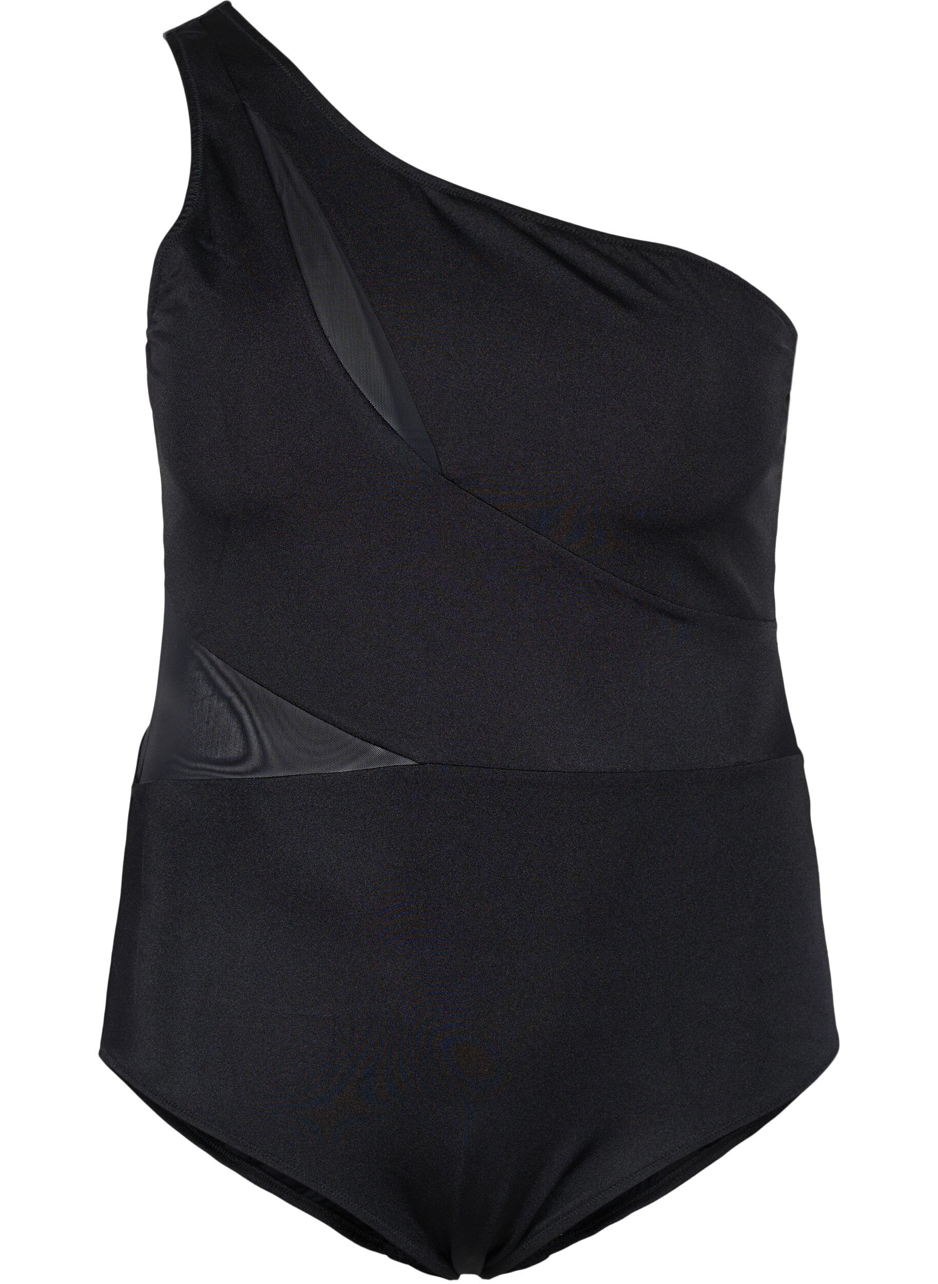 Zizzi One-shoulder badedrakt med mesh, Black, Packshot image number 0