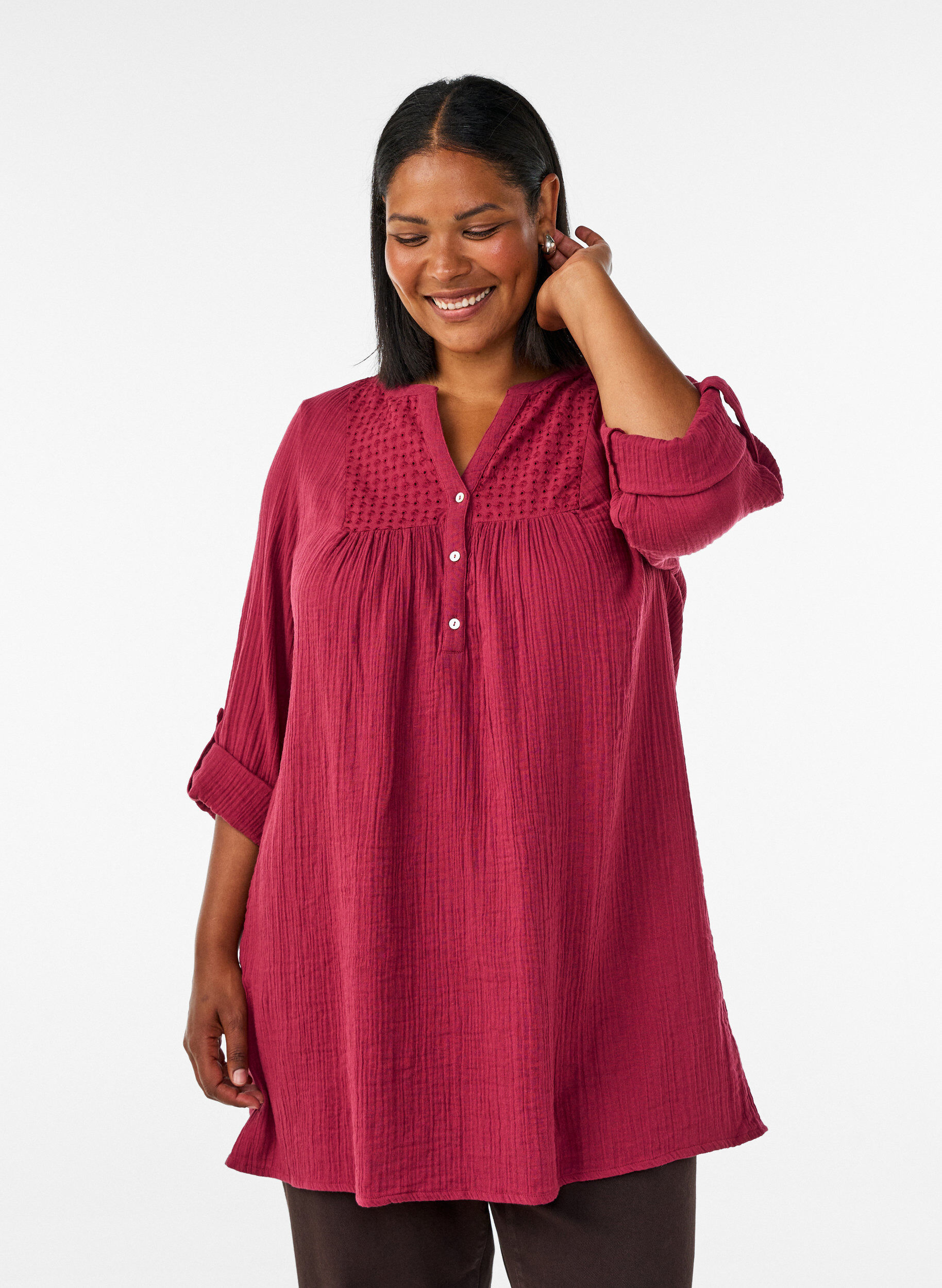 ZizziBomullsmuslin tunika med broderie anglaise, R&oslash;d, Model image number 0