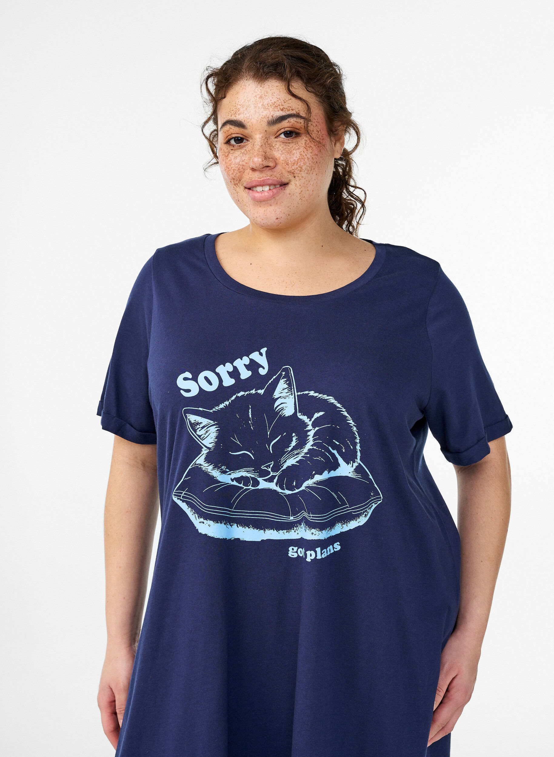 Zizzi Kortermet nattkjole i &oslash;kologisk bomull, Bl&aring;, Model image number 2