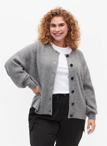 Strikket ribbestrikket cardigan med knapper, Medium Grey Melange, Model image number 0