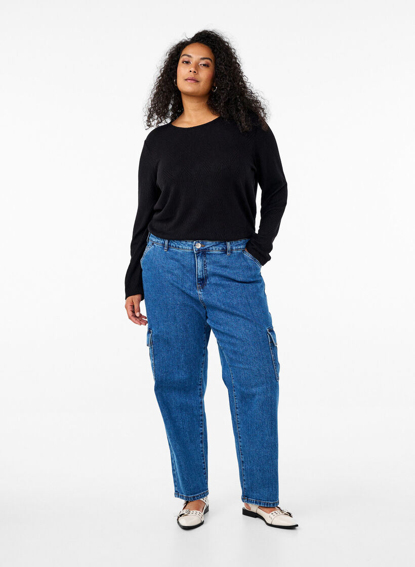 Mønstret bluse med lange ermer, Svart, Model image number 1