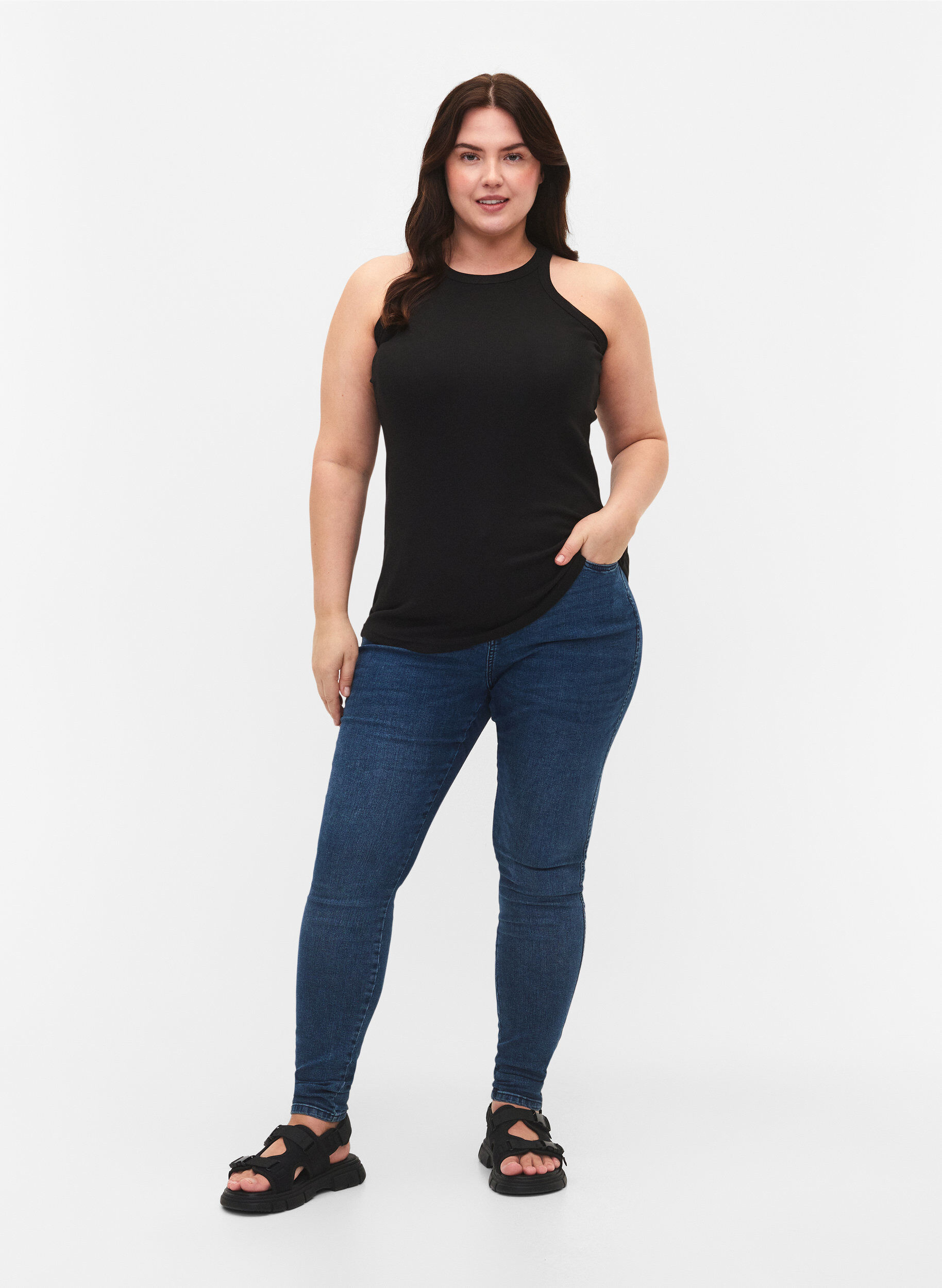 Zizzi Ribbet tanktopp i bomull, Black, Model image number 2