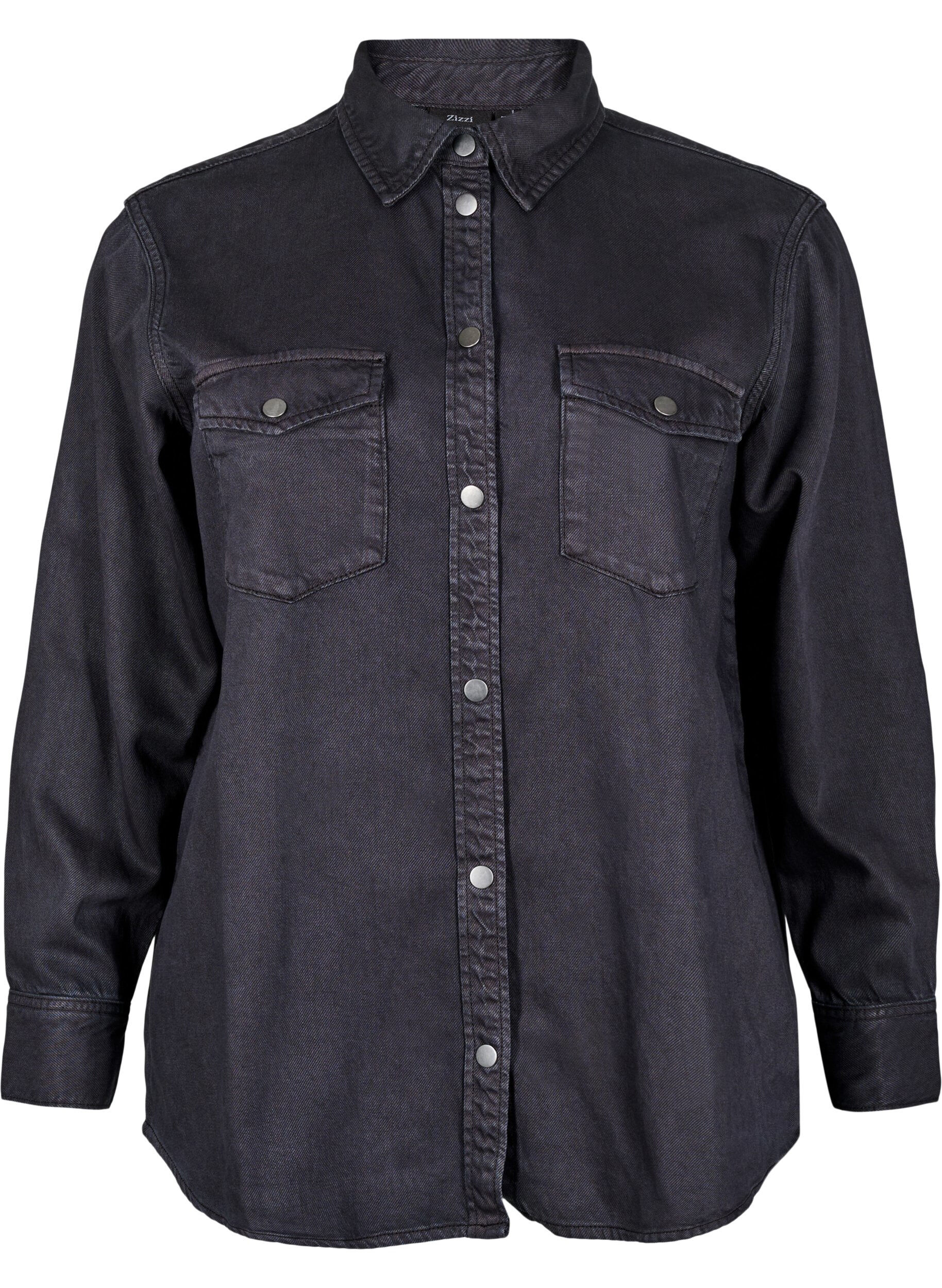 Zizzi Denimskjorte med brystlommer, Svart, Packshot image number 0