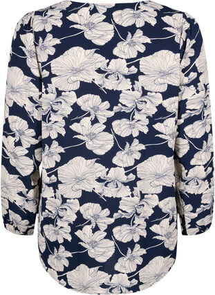 Zizzi Skjortebluse med v-hals og trykk, Navy B. Flower AOP, Packshot image number 1