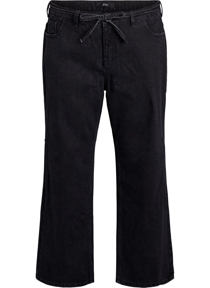 Straight fit jeans med knytebelte, Black, Packshot