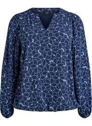 Langermet bluse med blomsterbroderi, Blå