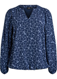 Langermet bluse med blomsterbroderi, Blå Langermet bluse med blomsterbroderi