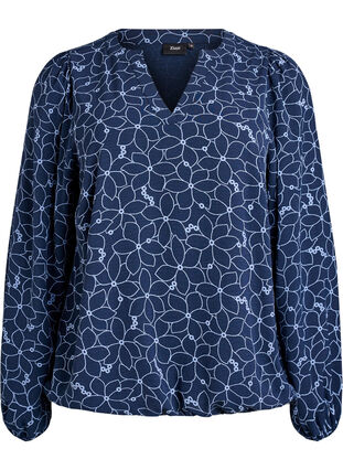 Zizzi Langermet bluse med blomsterbroderi, Blå, Packshot image number 0