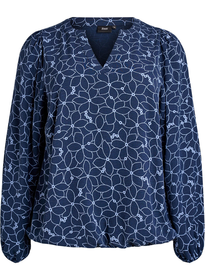 Langermet bluse med blomsterbroderi, Blå, Packshot image number 0