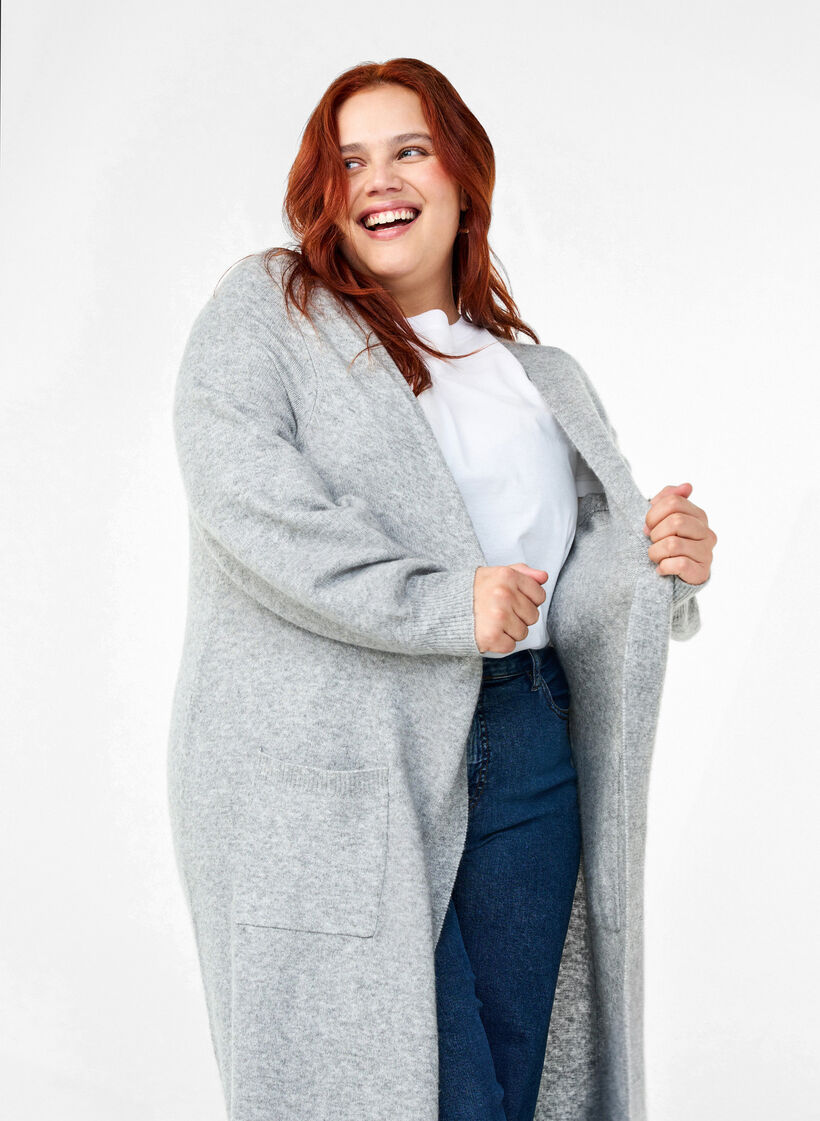 Lang strikket cardigan med lommer, Light Grey Melange, Image image number 0