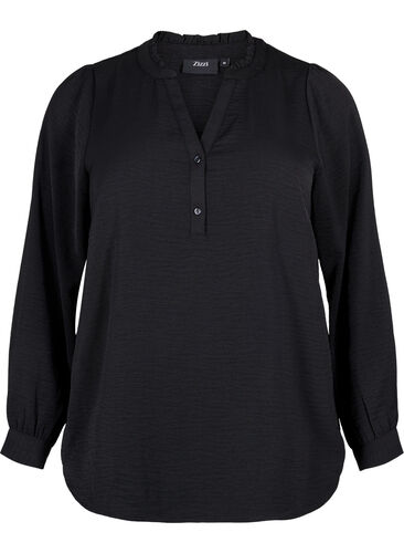 Langermet bluse med V-hals, Black, Packshot image number 0