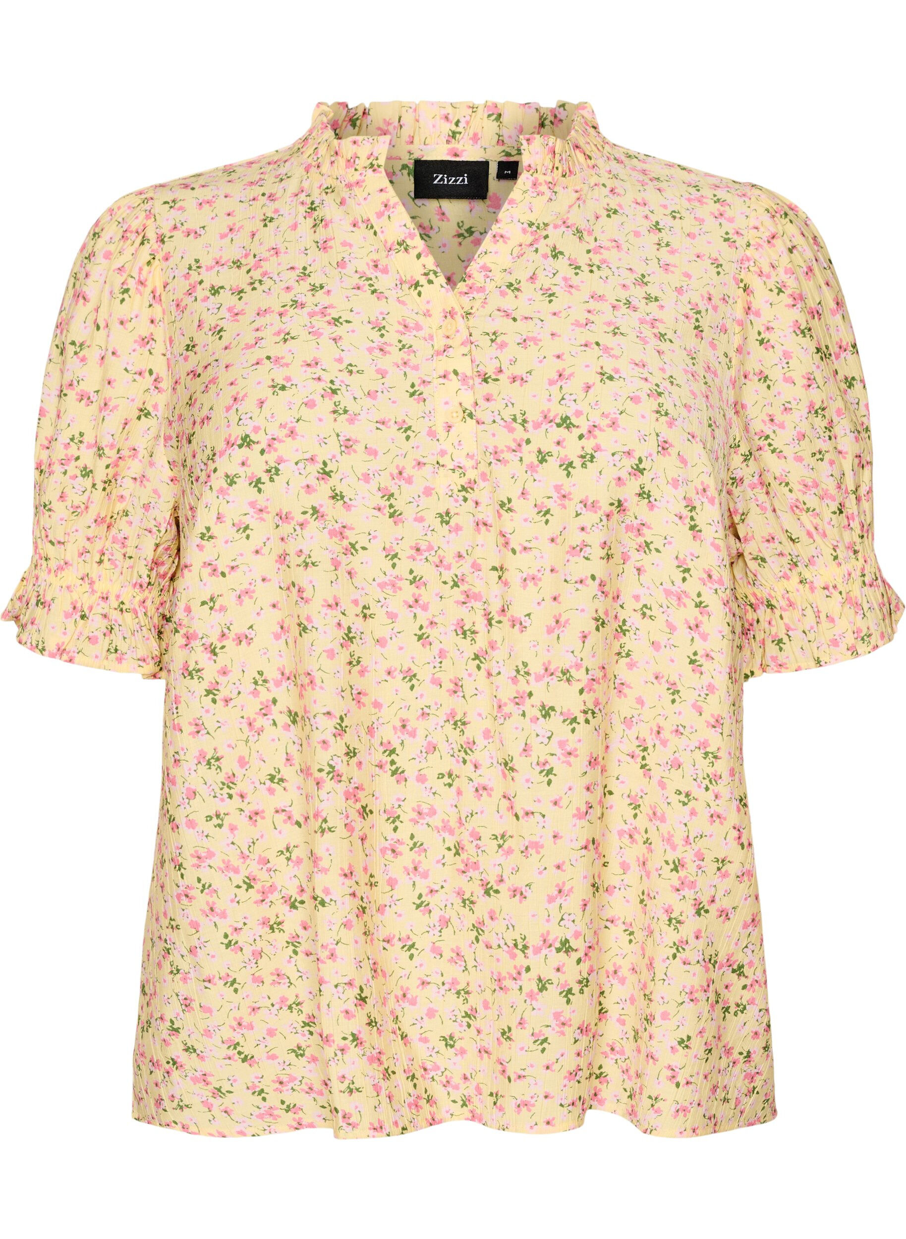 Bluse i viskose med blomstertrykk, korte ermer og volangkrage