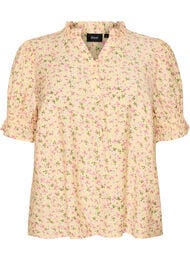 Bluse i viskose med blomstertrykk, korte ermer og volangkrage, Gul