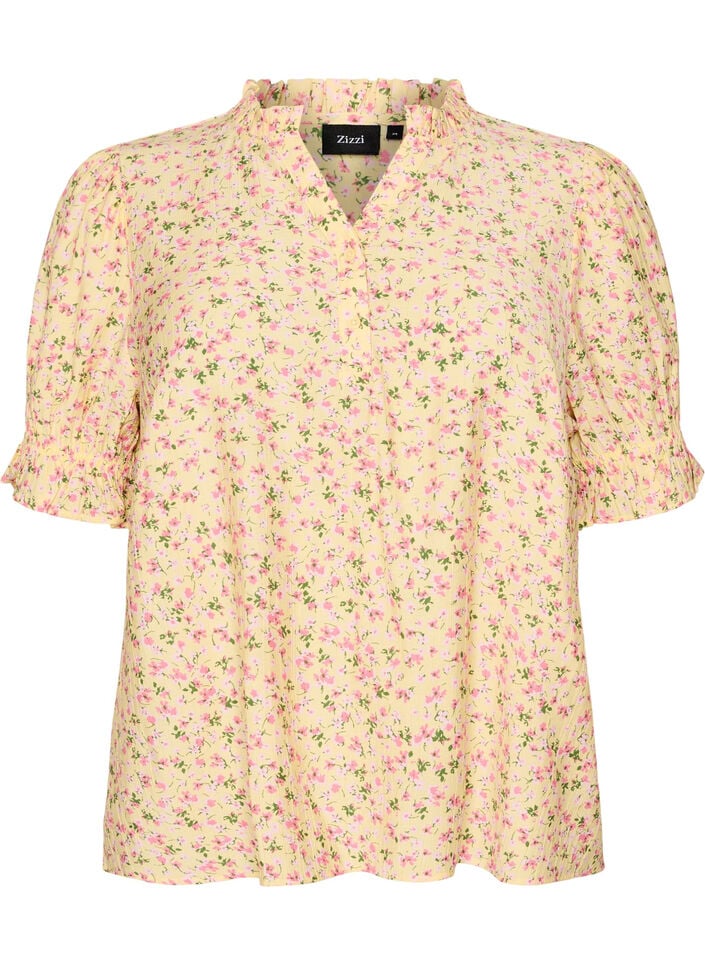 Bluse i viskose med blomstertrykk, korte ermer og volangkrage, Gul, Packshot image number 0
