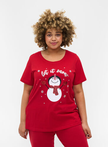 T-skjorte med julemotiv i bomull, Tango Red Snowman, Model image number 0