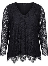 Langermet blondebluse med V-hals, Black
