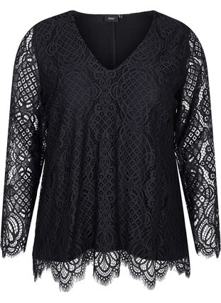 Langermet blondebluse med V-hals, Black, Packshot image number 0