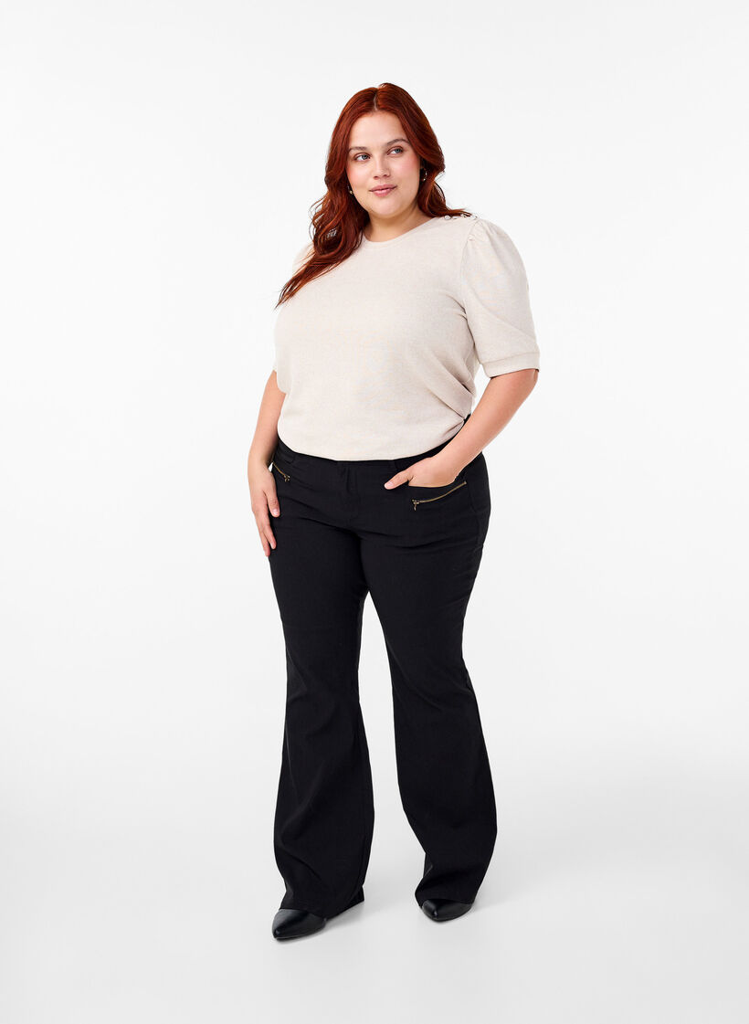 Bluse med knappedetaljer og korte puffermer, Beige, Model image number 1