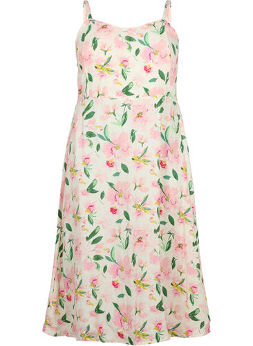 Blomstrete kjole med stropper i viskose med smock, Off White Flower, Packshot image number 0