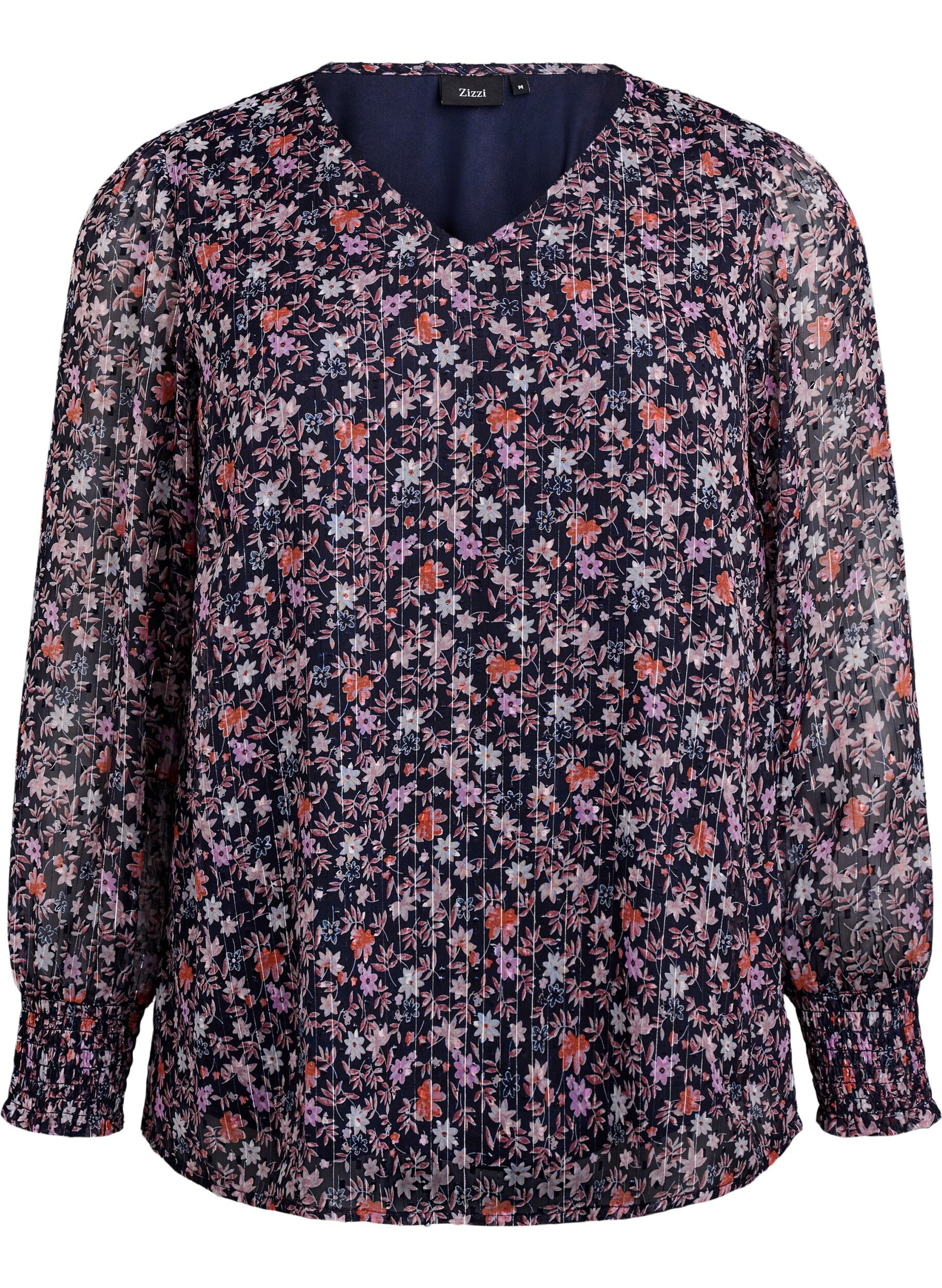 ZizziBluse med blomstertrykk og glittertr&aring;d, Bl&aring;, Packshot image number 0