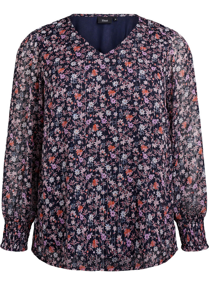 Bluse med blomstertrykk og glittertr&aring;d, Bl&aring;, Packshot image number 0