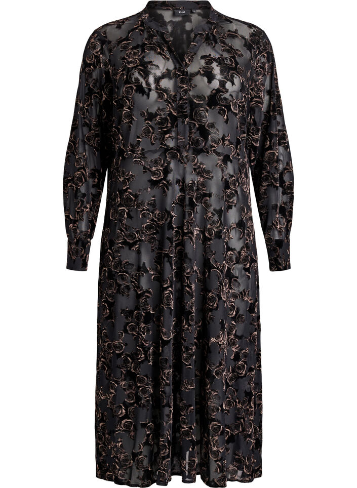 Mesh midikjole med velourroser, Svart, Packshot image number 0