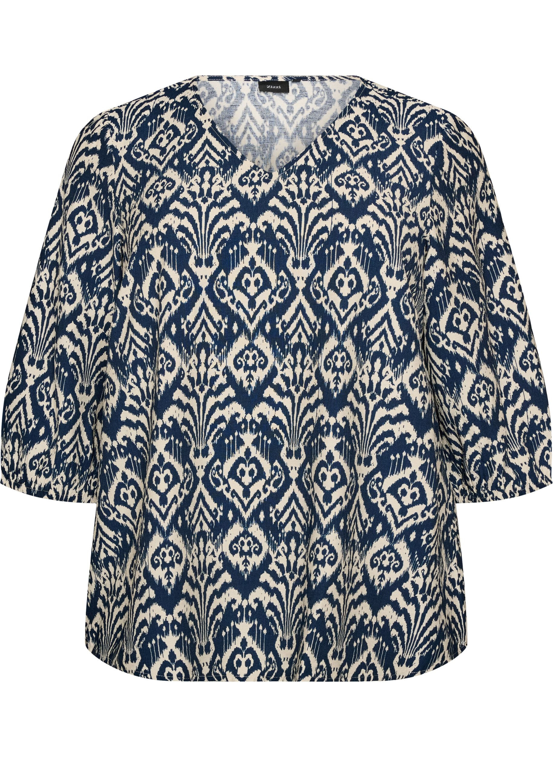 ZizziM&oslash;nstret viskosebluse med 3/4-ermer, Bl&aring;, Packshot image number 0
