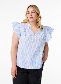 Ermeløs bluse med striper og blomstertrykk, Blå Ermeløs bluse med striper og blomstertrykk, Blå, Model