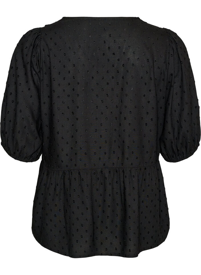 Viskosebluse med prikket tekstur og V-hals, Svart, Packshot image number 1